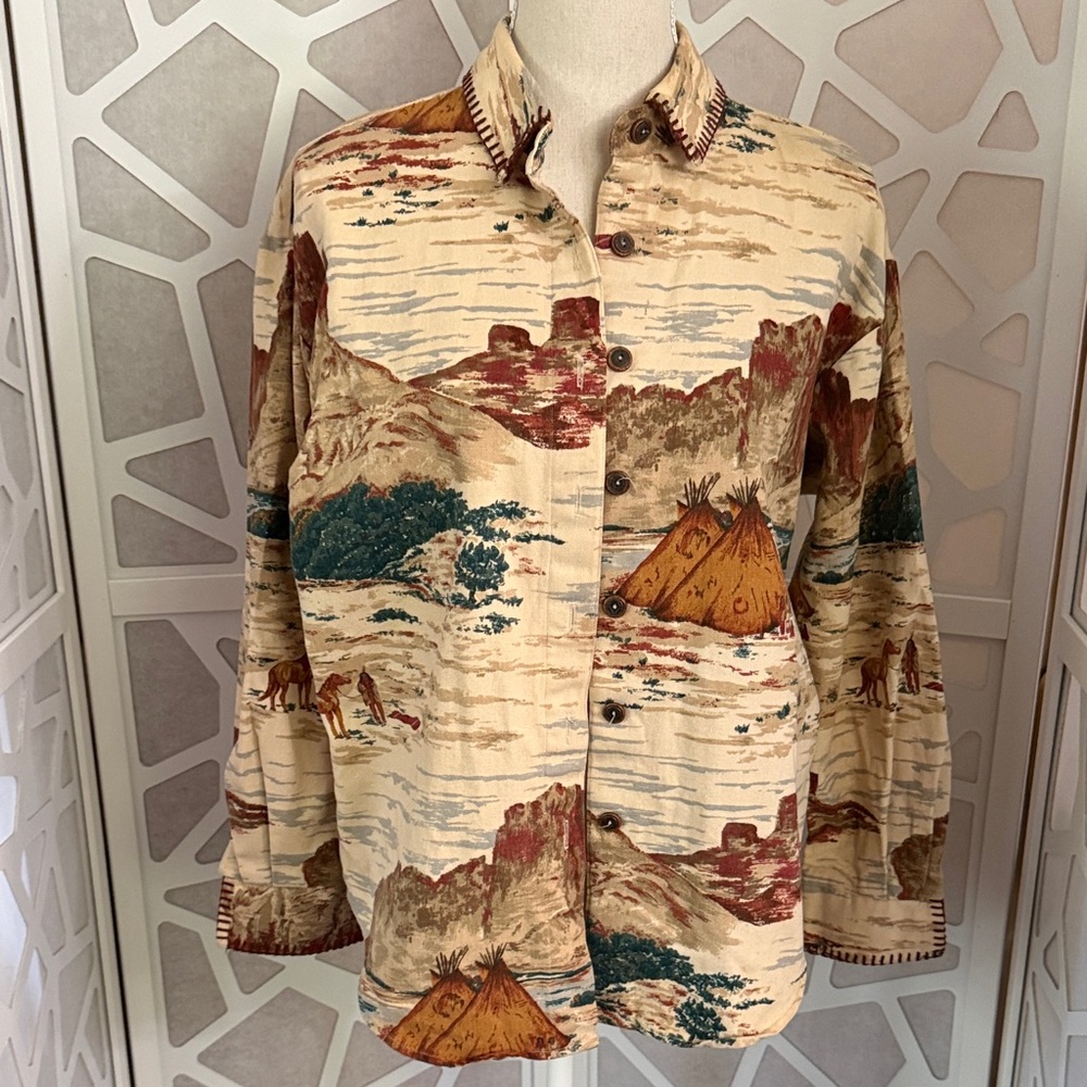 Scenic Print Button-Up Blouse